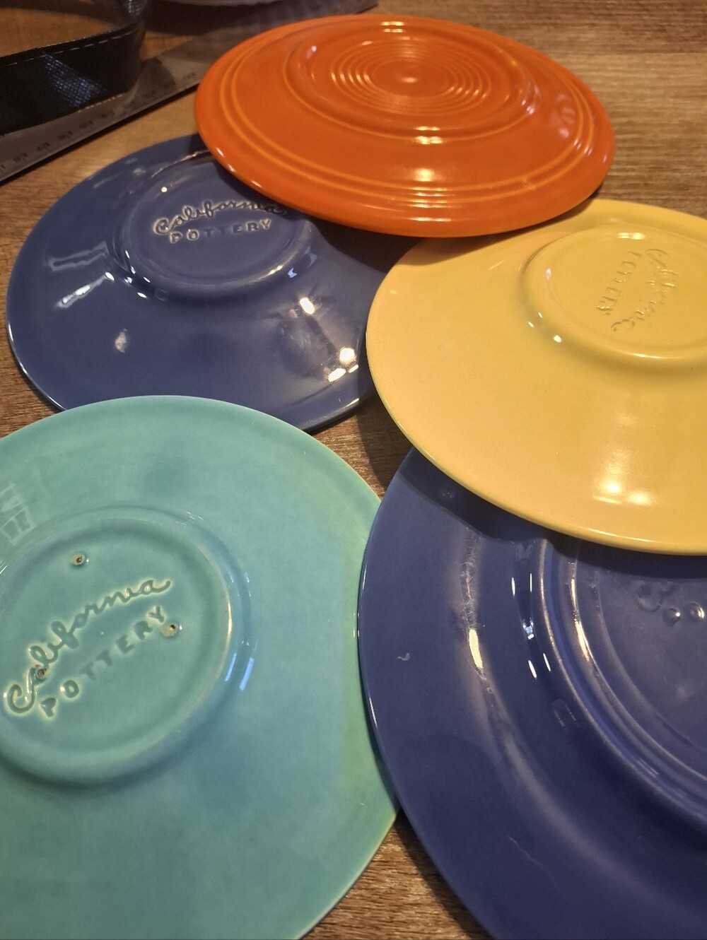 California Pottery Colorful Stoneware Saucer Set-Blue, Turquoise, Orange, Yellow